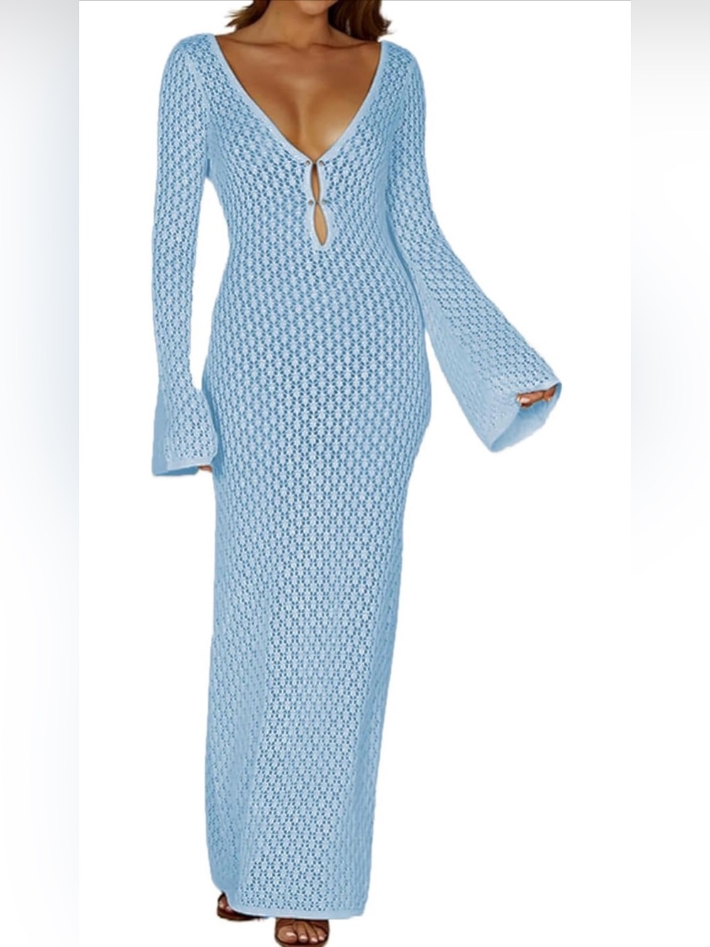 Crochet knit Fishtail Flare Sleeve Maxi Dress swimsuit cover up dress Blue 🔥✨✨